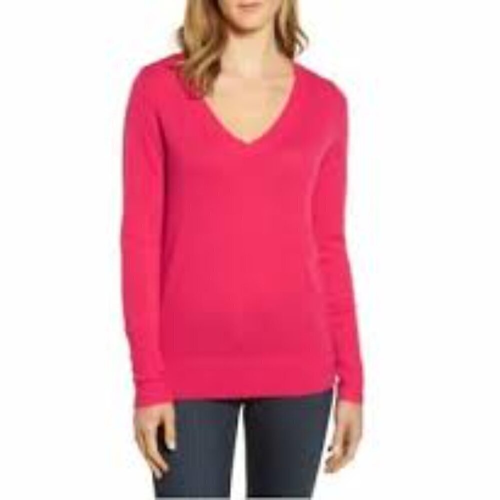 Halogen 100% Cashmere Pink Bright Classic V-Neck Sweater Sz M